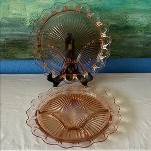 2,Anchor Hocking Divided Platter Scalloped Edge Old Colony Pink Depression Glass